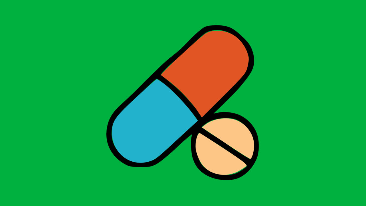 Illustrazione a cartone animato di una capsula e una compressa su schermo verde.