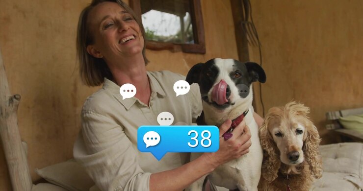 Mature woman hugging dog licking nose activating comment bubble hitting 77 in pet marketing