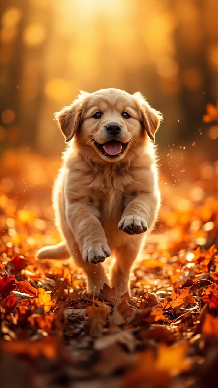 Playful Golden Retriever Puppy Running Through Autumn Leaves | Premium ...