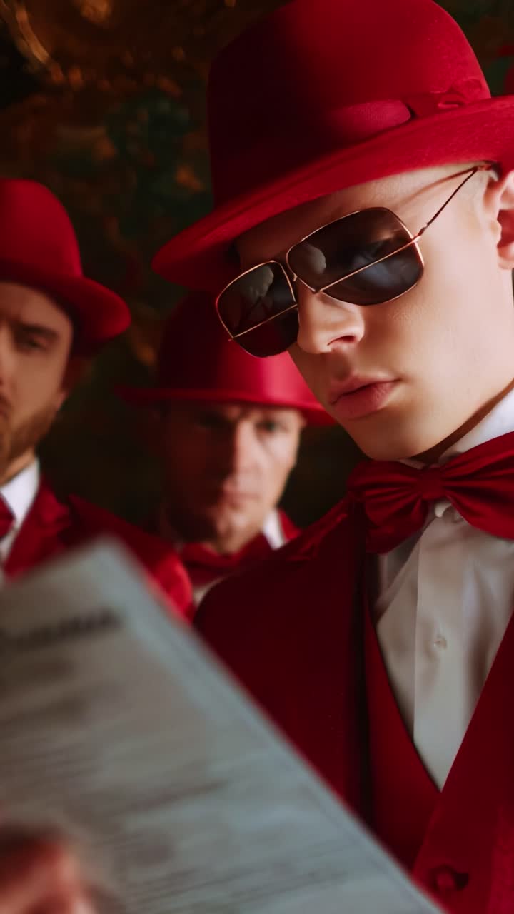 Three Stylish Figures in Red Attire: A Close-Up Look at Fashion, Confidence, and Sophisticated Style with Sunglasses, Hats, and Bowties in an Elegant Atmosphere of Charm and Intrigue