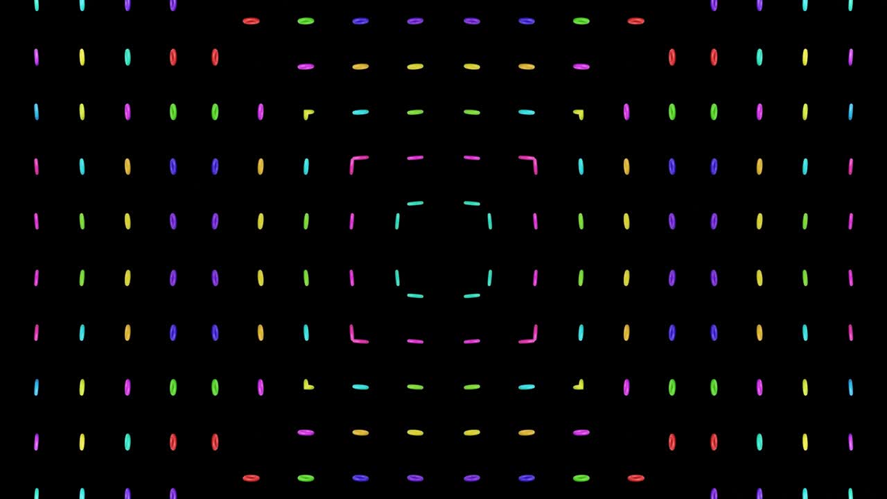 Abstract symmetrical composition, 3d elements light up like bulbs with multicolor neon light. Looped bg for show or events, exhibitions, festivals or concerts, music videos, DJ or VJ for night clubs.