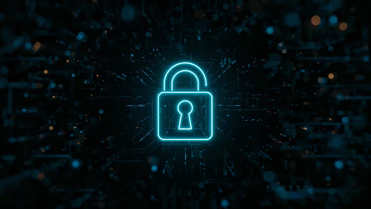 Pulsing neon padlock brightening over frames, radiating traces and nodes in cyber space