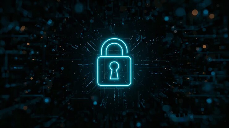 Pulsing neon padlock brightening over frames, radiating traces and nodes in cyber space