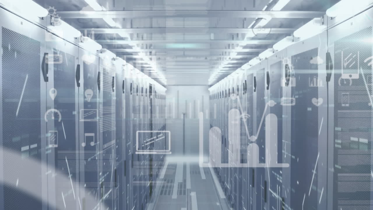 아이콘의 애니메이션과 데이터 처리는 컴퓨터 서버와 함께 기술 방을 통해