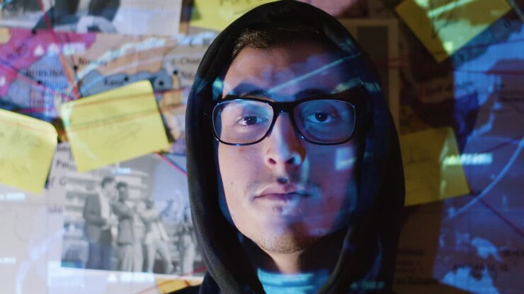 Giovane hacker incappucciato che gira la testa e guarda la telecamera mentre un'immagine video proiettata si riflette sul suo viso.