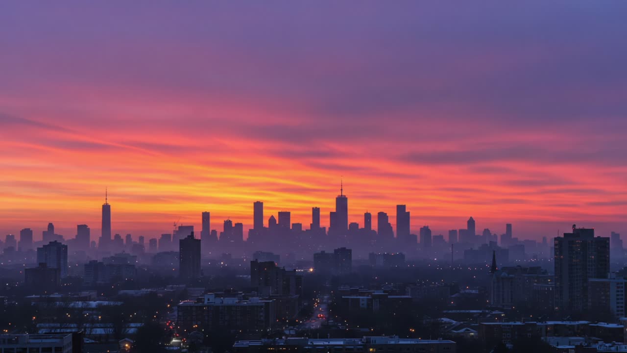 Stunning Transformation of a City Skyline from Vibrant Dawn to Enigmatic Twilight Captured in Two Striking Frames, Highlighting Urban Beauty and Atmospheric Changes