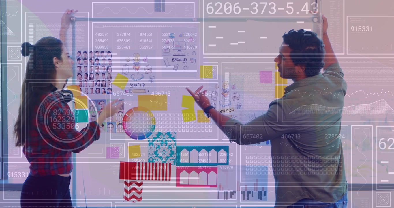 Animation of financial data processing over diverse business people working at office