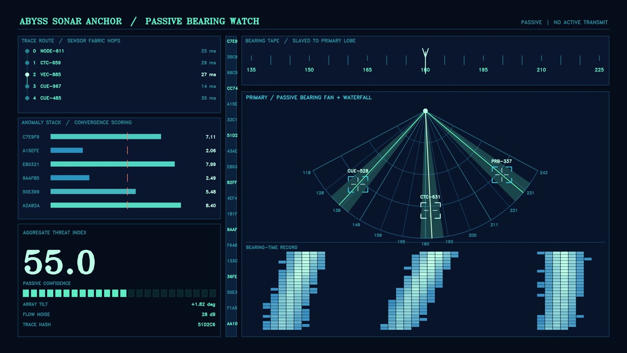Displays a sonar anchor system with metrics on passive bearing and confidence scores. The interface shows graphs, numerical data, and real time tracking information in a dark style