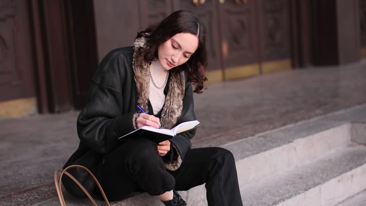 Woman Writing in Notebook on Steps
