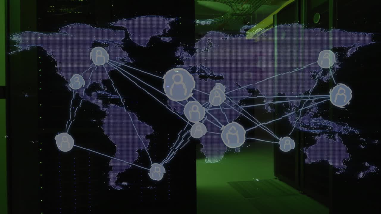 animación del mapa del mundo y los iconos sobre la sala del servidor