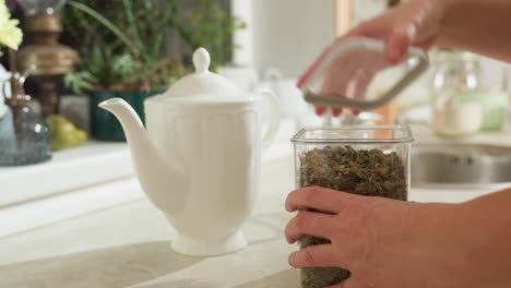 woman preparing herbal tea by opening container of dried herbs, shaking them gently, and pouring into ceramic jug in cozy kitchen setting with natural light and greenery in background