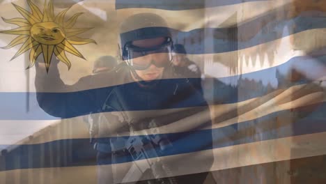 Animation-Der-Flagge-Uruguays-über-Verschiedenen-Soldaten