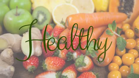 healthy text banner against close up view of fruits and vegetables