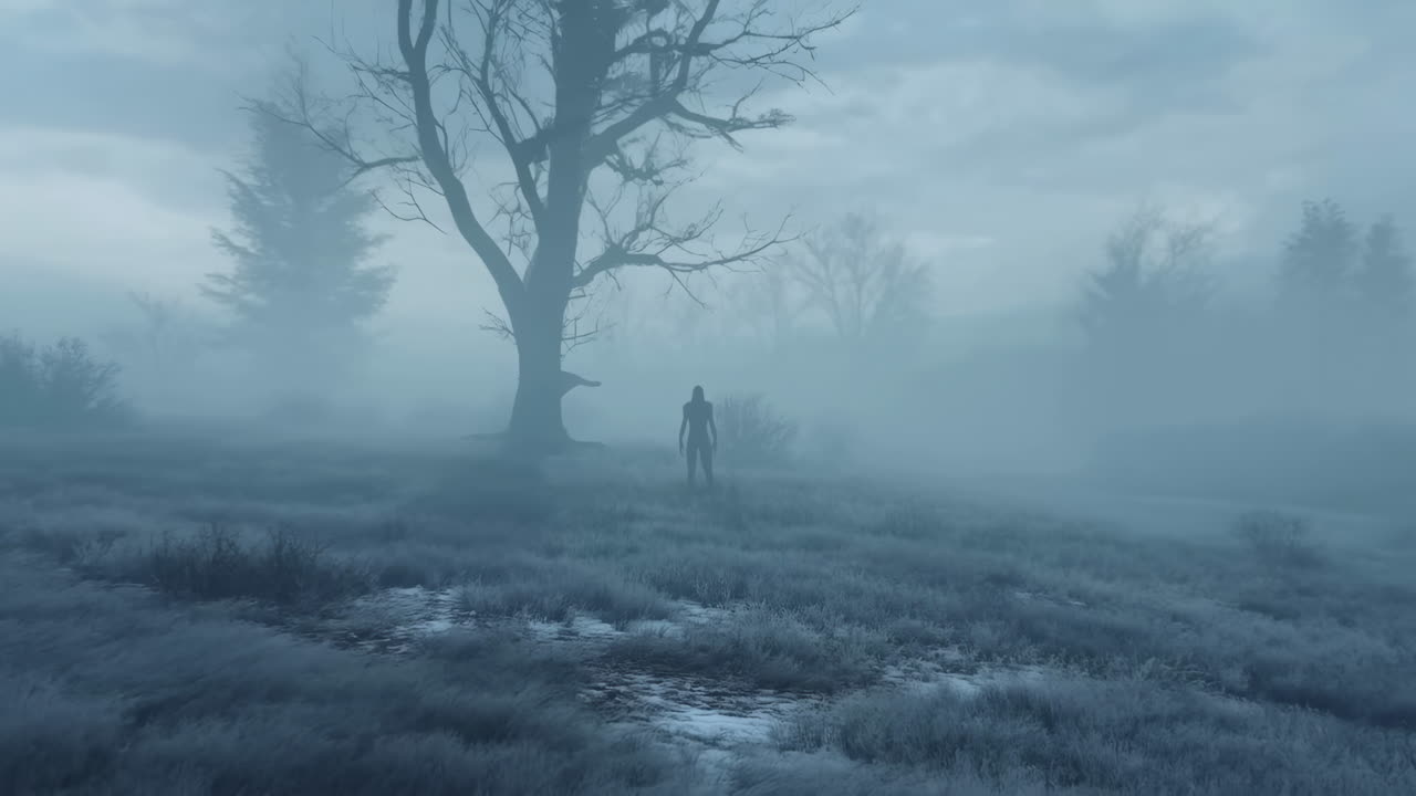 Mysterious Silhouette of a Person Standing in a Foggy Winter Landscape