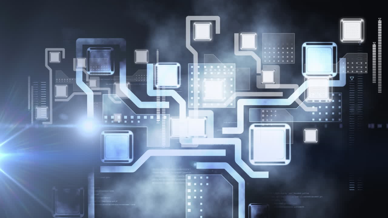 Animation of network of connections with icons and data processing over digital screen