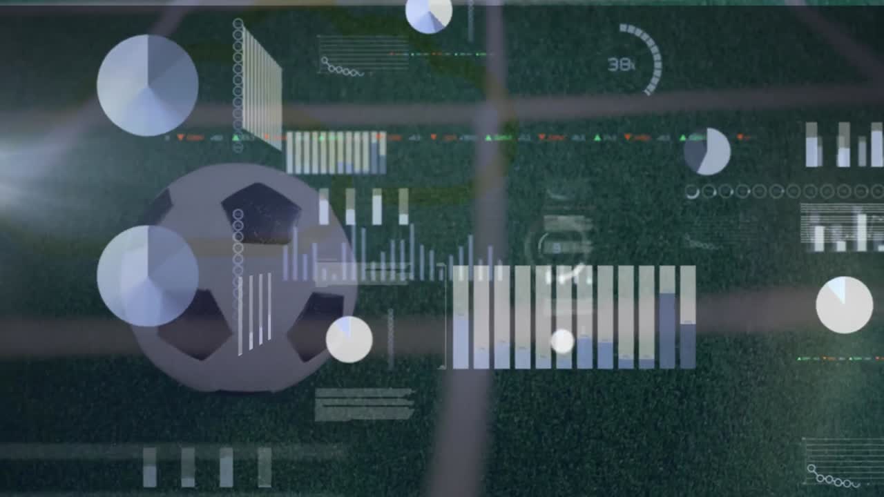 Animation of statistical data processing against close up of a football on grass field