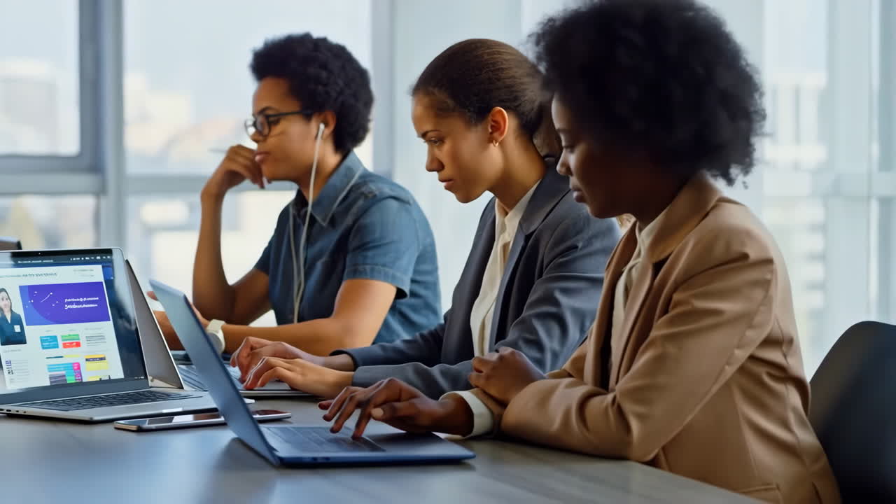 Three Businesswomen Working on Laptops in Office