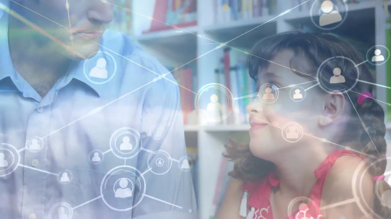 animación de una red de conexiones sobre un maestro y una escolar feliz y diversa