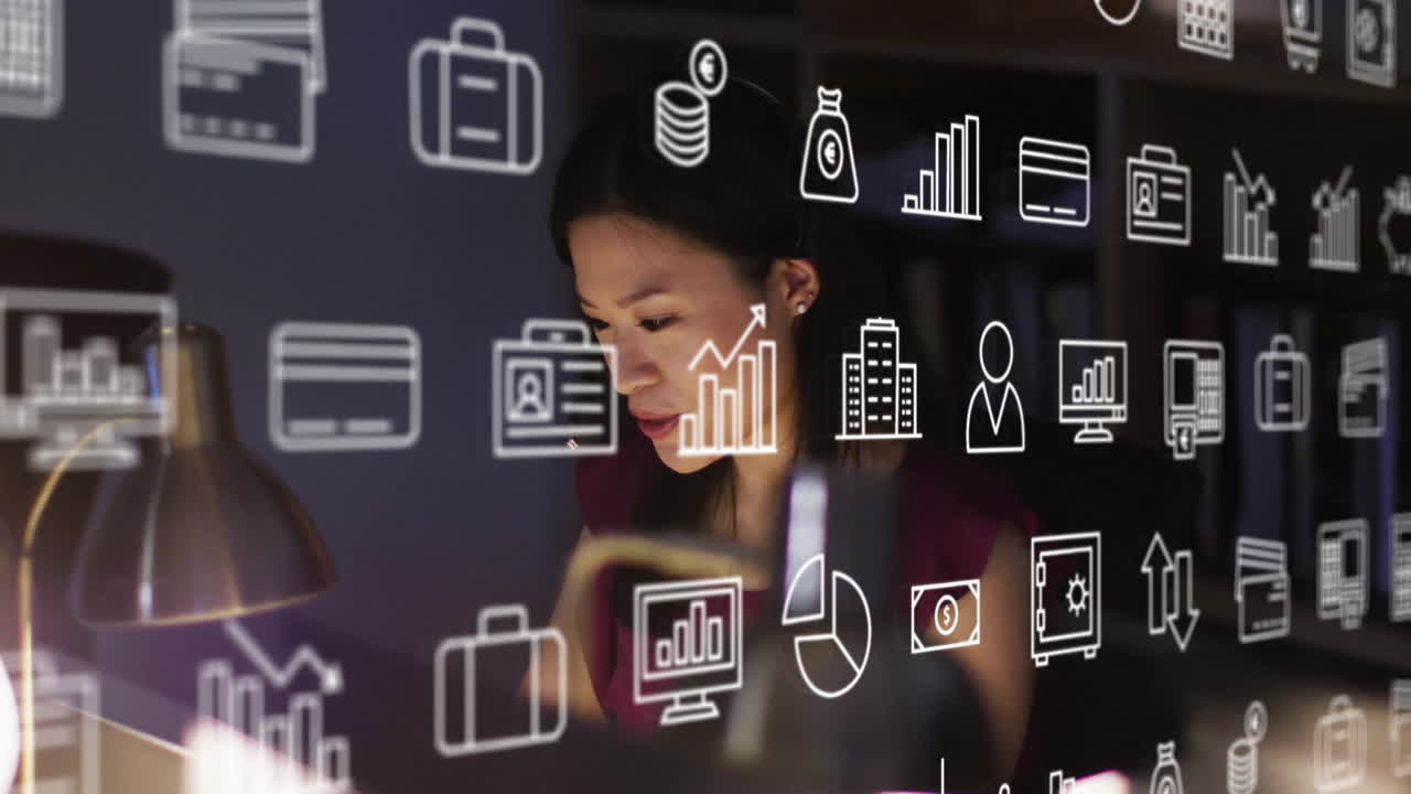 Animation of business icons over biracial businesswoman in office