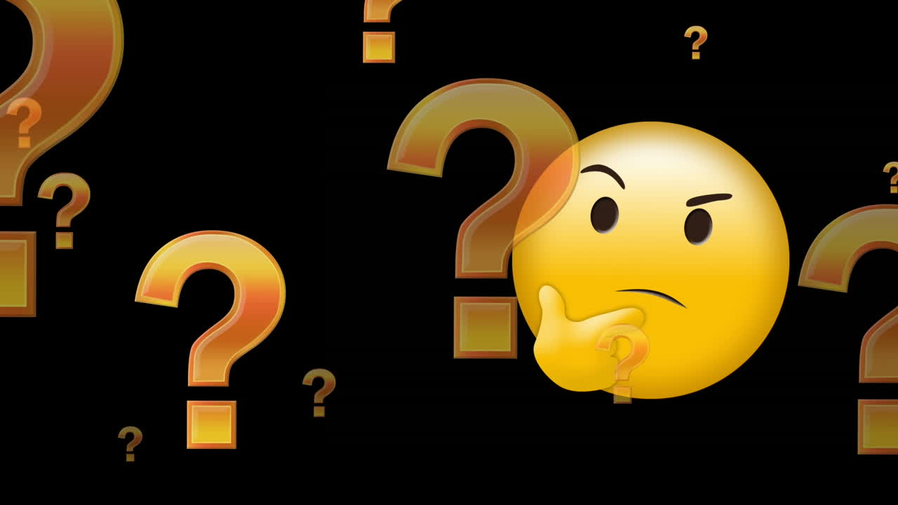 검은색 배경 위에 떠다니는 생각하는 이모지와 질문표의 애니메이션
