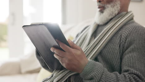 old man, tablet and scroll reading in home