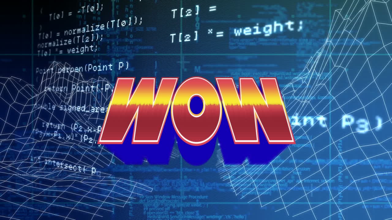 파란색 배경의 데이터 프로세싱과 메타버스 풍경에 대한 와우의 애니메이션