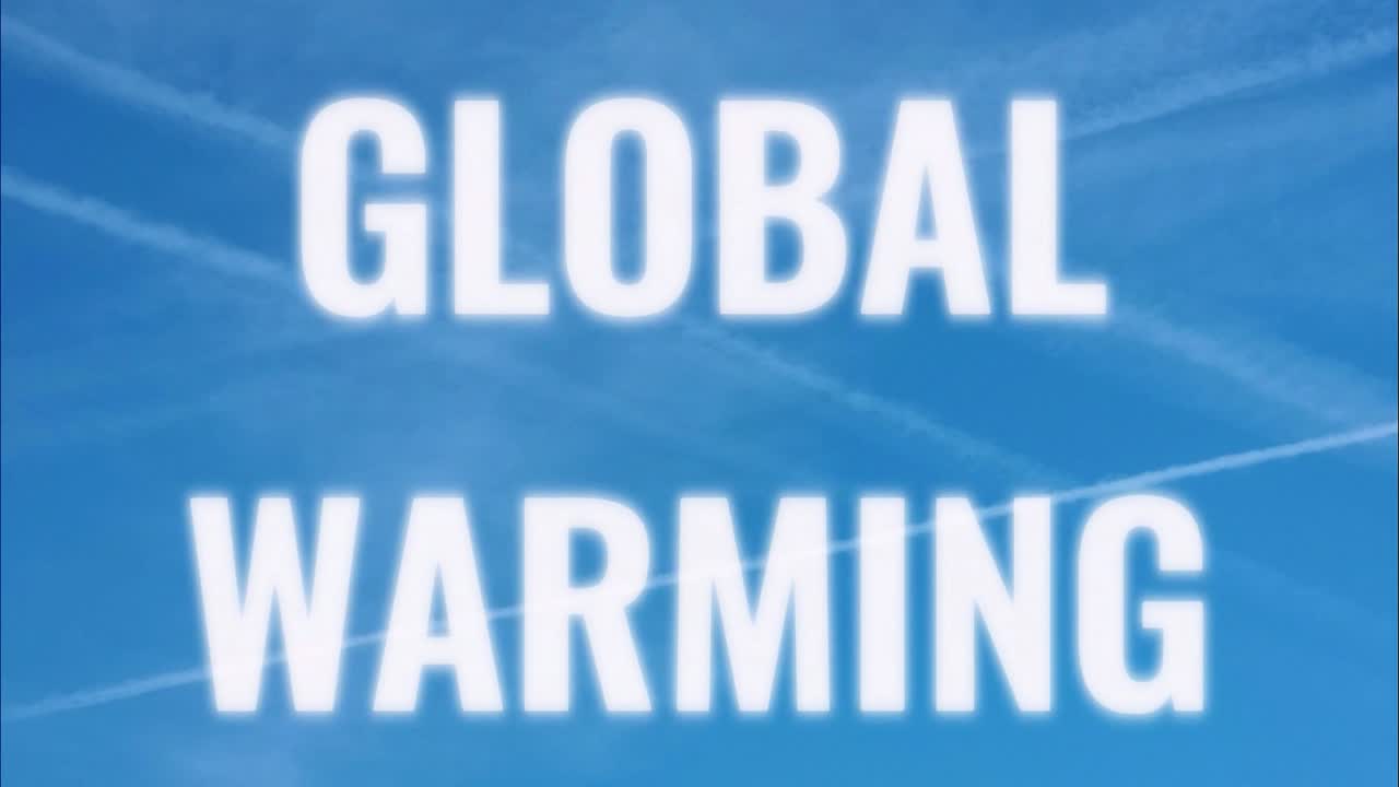 Climate change global warming text slow zooming in against striped aircraft emissions sky trail