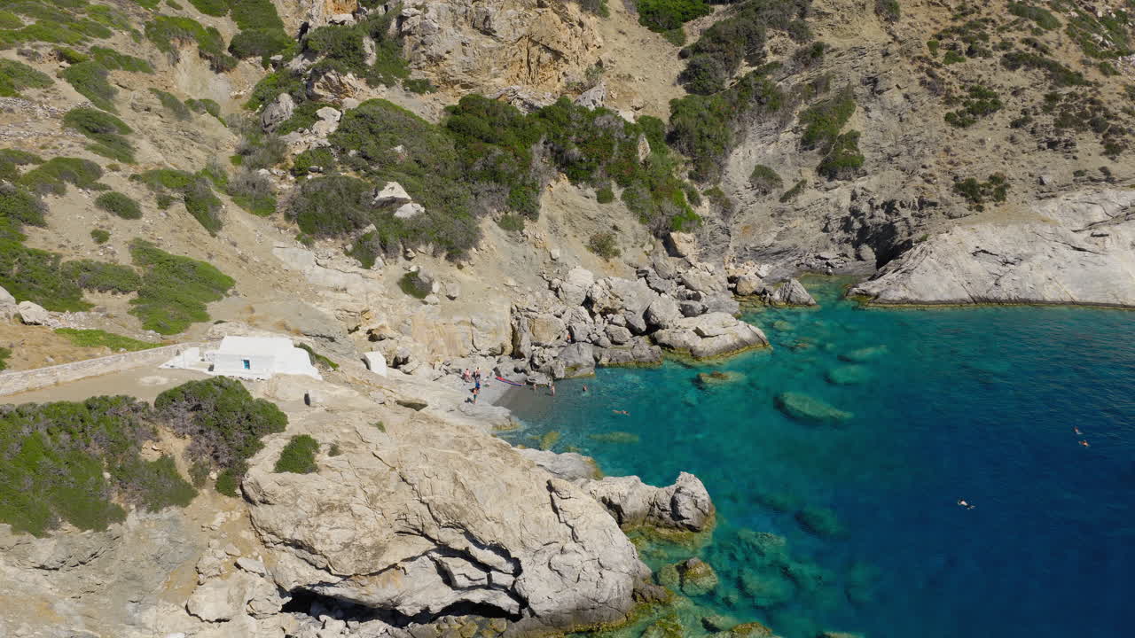 Wide aerial view of Agia Anna Beach on Amorgos island, Greece
