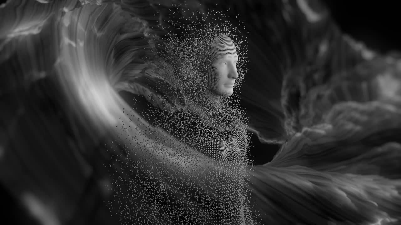 Animation of human body formed with exploding particles over vortex on black background