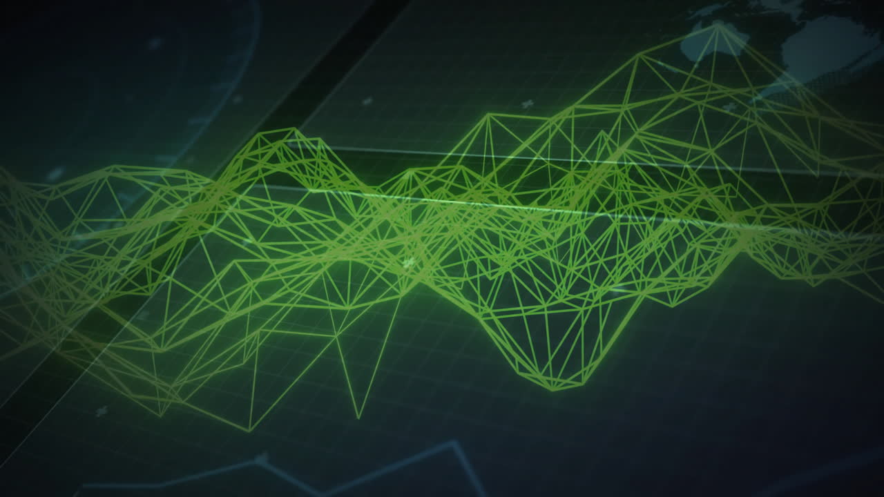 Animation of network of connections over data processing with globe on black background