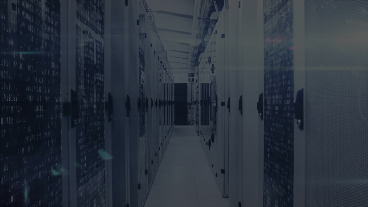 On start server racks showing scrolling code and pulsing encryption panel demonstrating encryption