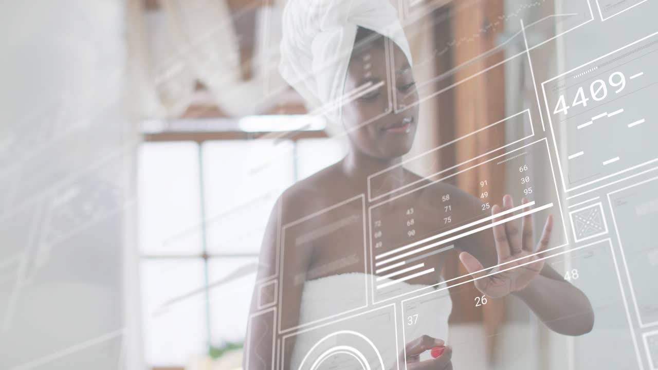 Woman applying red polish raising hand revealing holographic tech charts for reviewing data