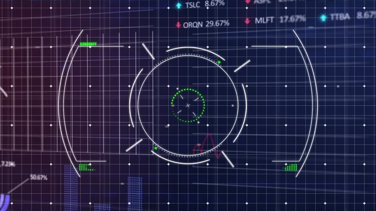 Animation of scope scanning over statistical and stock market data processing on black background