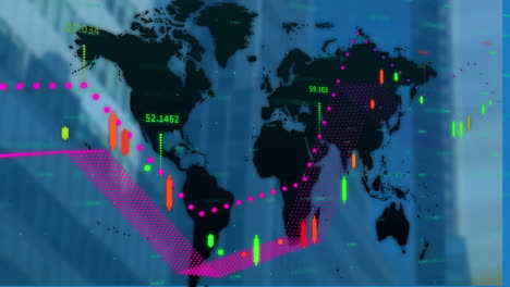 Animation-of-financial-data-processing-over-world-map-and-buildings