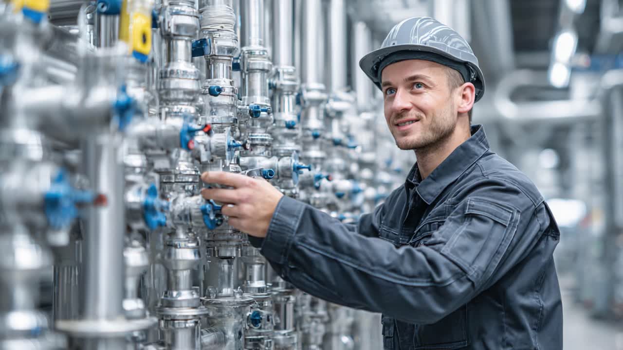 Skilled Technician Adjusts Controls on Industrial Piping System, Showcasing Expertise in Maintenance and Operations within a High-Tech Facility