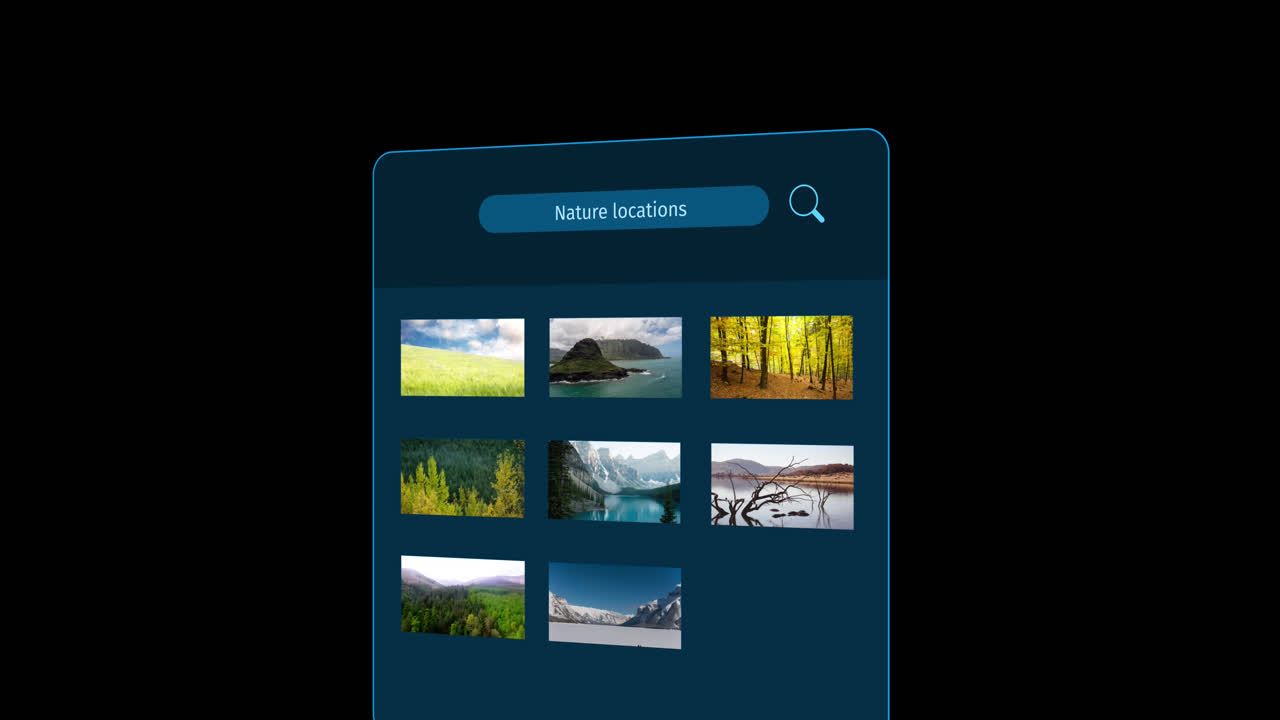 animación de la interfaz con lugares de la naturaleza texto y paisajes sobre fondo negro