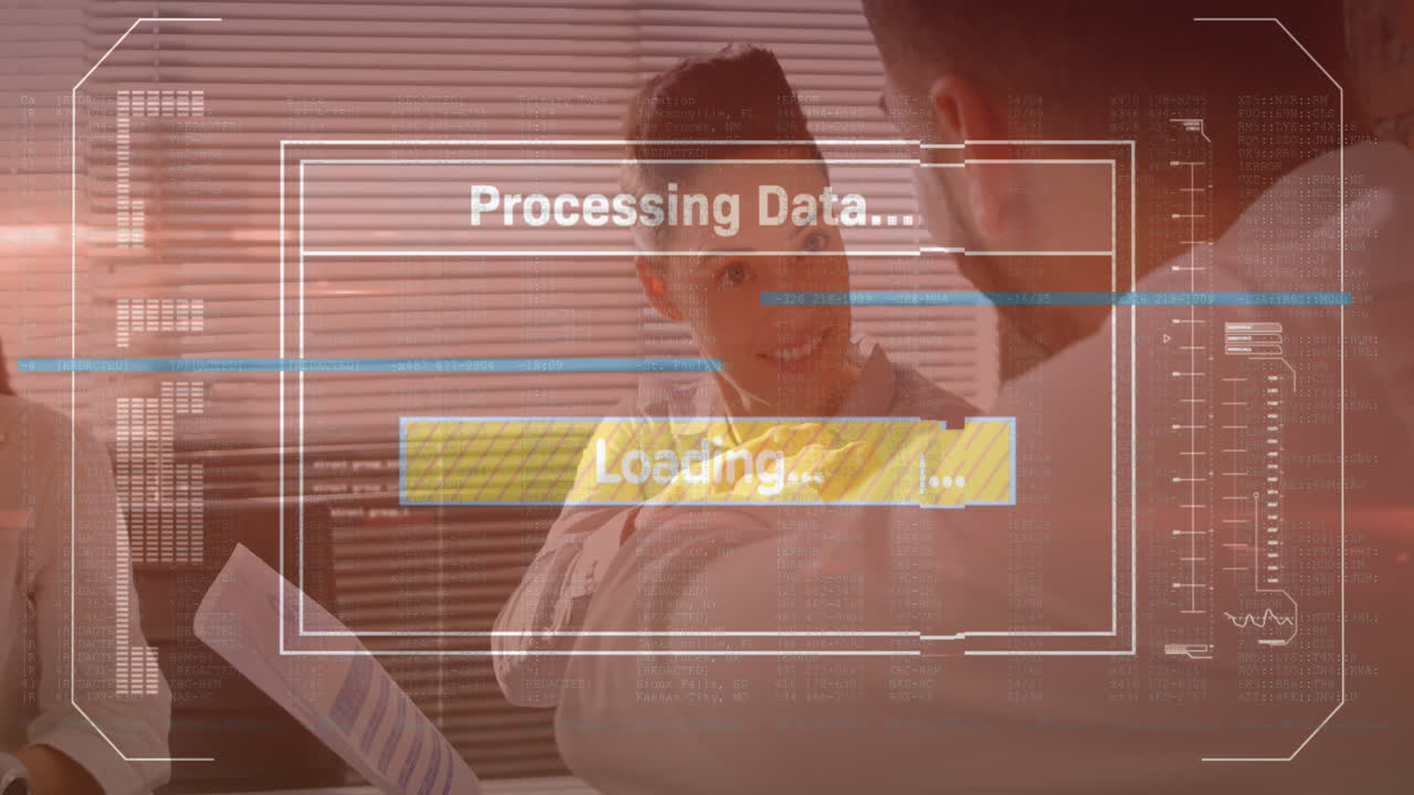 animación del procesamiento de datos financieros sobre diversas personas de negocios en la oficina