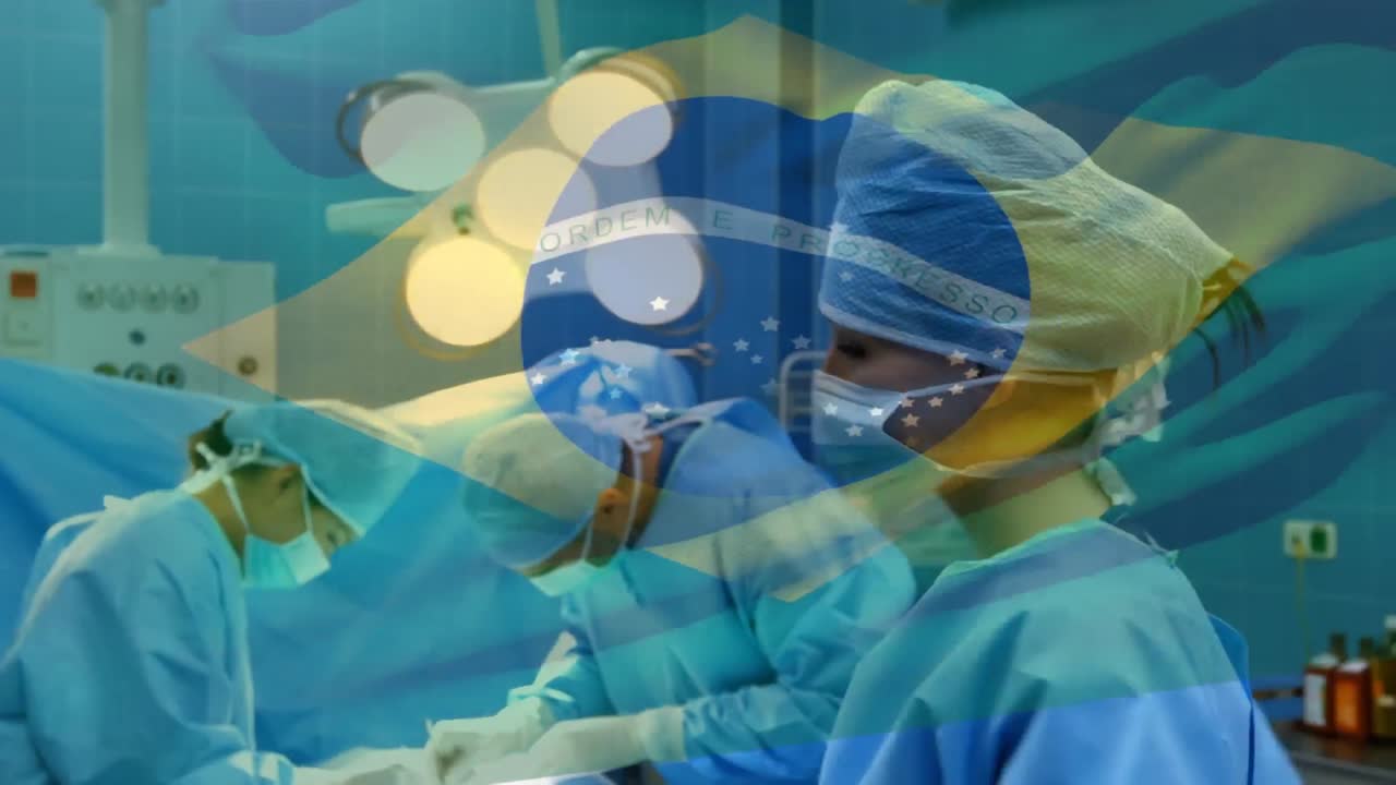 анимация флага бразилии, развевающегося над хирургами в операционной