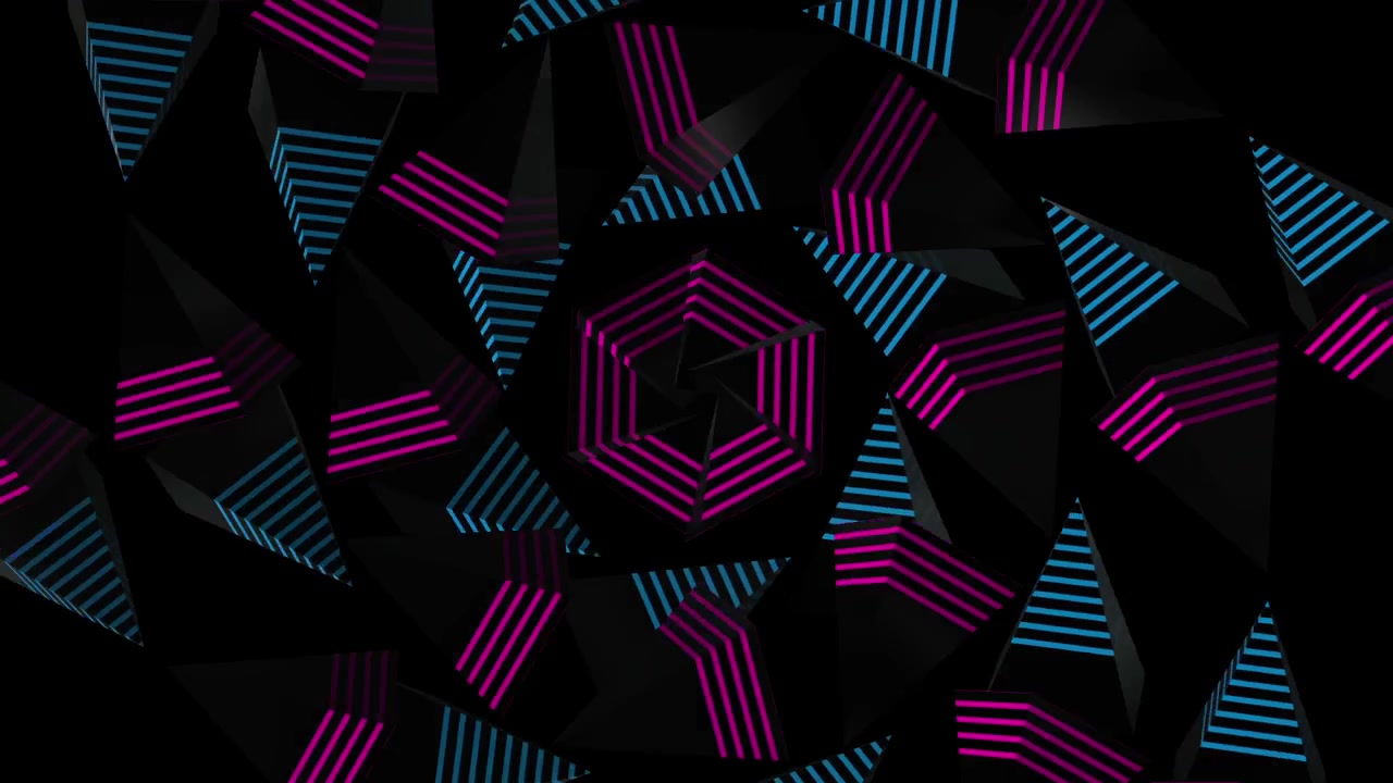 Piramidi geometriche astratte con linee blu e magenta che ruotano