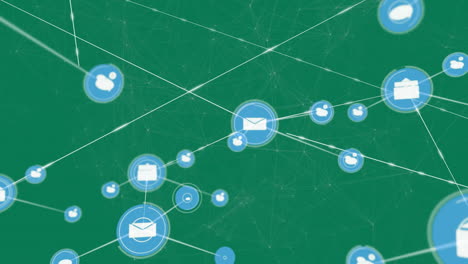 Animation of network of connections with email icons over green background