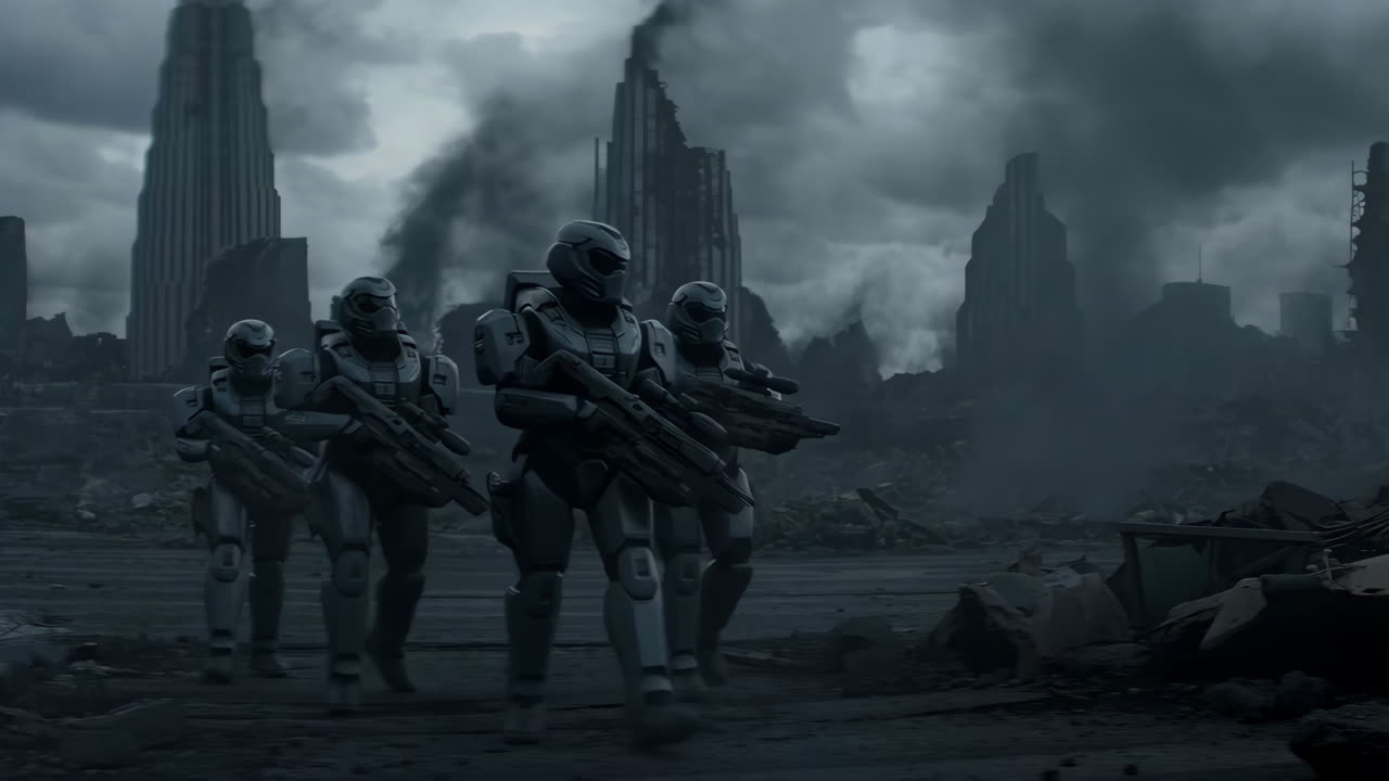 Armored Soldiers Patrolling a Ruined City