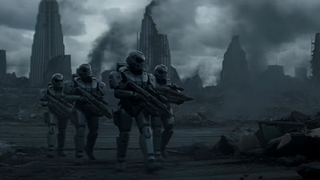 armored soldiers patrolling a ruined city