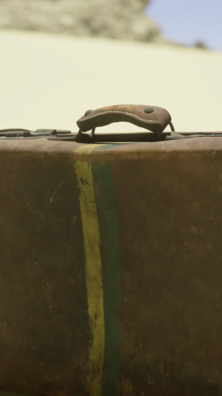 Old suitcase abandoned on sandy desert landscape during bright daylight