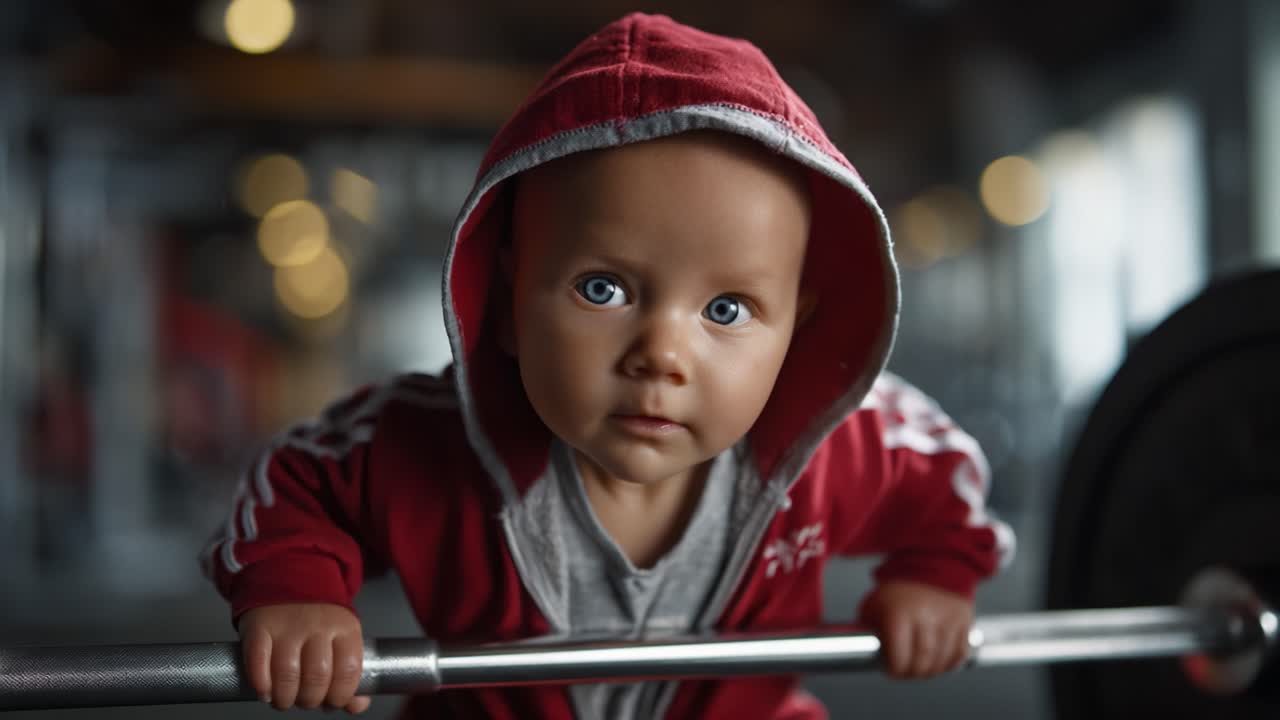 Eine entschlossene Babypuppe in einem roten Hoodie hebt eine Hantel in einem Fitnessstudio und demonstriert Stärke und Ehrgeiz, während sie die Essenz spielerischer Fitness einfängt