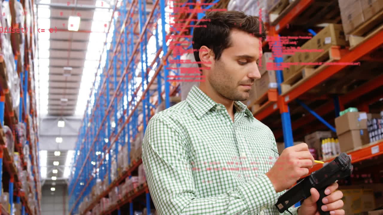 animación del procesamiento de datos sobre el hombre que trabaja en el almacén