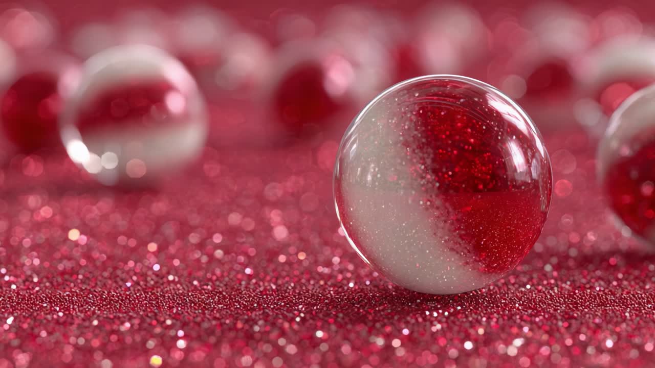 A Stunning Display of Sparkling orbs with Red and White Patterns on a Glittering Red Surface, Captivating Light Reflections in an Array of Colorful Spheres