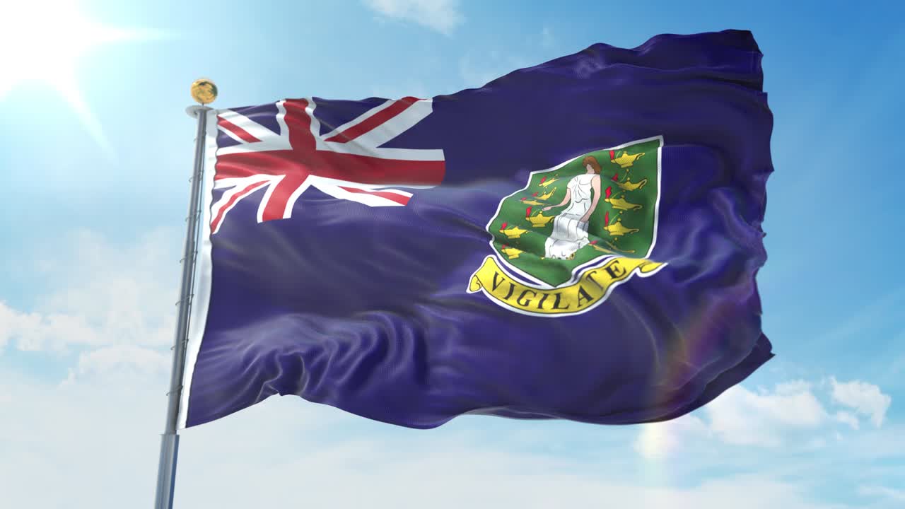 영국령 버진 아일랜드의 발이 깊은 파란 하늘을 배경으로 바람에 흔들리고 있습니다.국가 테마, 국제 개념. 3d 렌더리 원활한 루프 4k