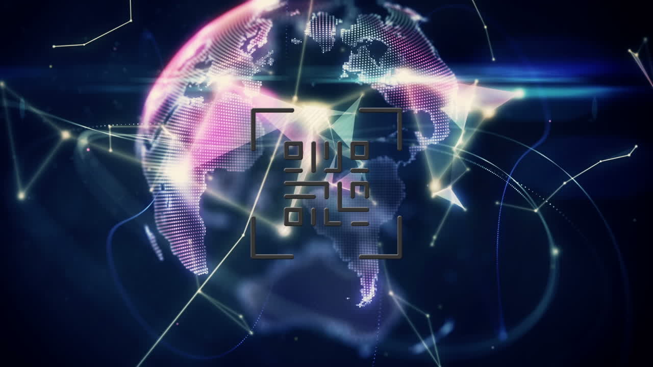 video de código qr sobre el globo y red de conexiones sobre fondo oscuro