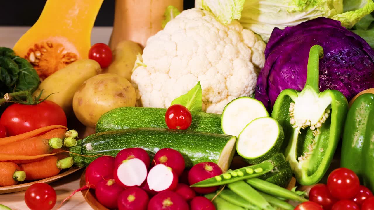 어두운 배경 에 전시 된 다양한 채소