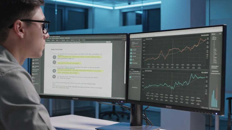 Scanning analyst collared-shirt specs tilting gaze to study charts on dual LCDs at desk, copy space